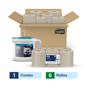 Combo Tork® Dispensador Reflex™ Limpión de Papel Desechable/ Hoja doble/Natural + Caja x 6 rollos x150 m