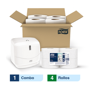 Combo Tork® Dispensador Papel Higiénico Jumbo mini / Blanco + Caja x4 rollos x95 m