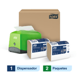 Tork Plus® Dispensador de Servilleta verde + Tork Plus® Servilleta Dispensada/ Advanced/ Natural/ 2 fajos X 150 serv c/u