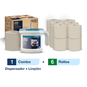 Combo Tork® Dispensador Reflex™ Limpión de Papel Desechable/ Hoja doble/Natural + Caja x 6 rollos x150 m