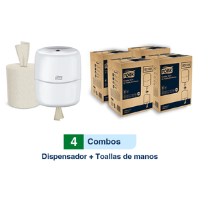 Combo Tork® Dispensador Toalla de manos Flujo Central + Tork® Toalla de Manos Flujo Central Premium/ 100 m/ Natural/X 4 Cajas