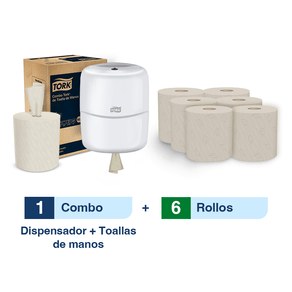 Combo Tork® Dispensador Toalla de manos Flujo Central / Premium/ Natural +Caja x6 rollos x100 m